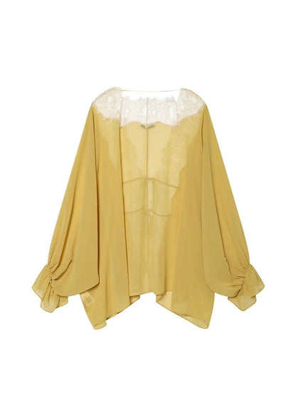 OLANE Lace Patchwork Tie-Front Blouse YellowXSWomen’s Tops