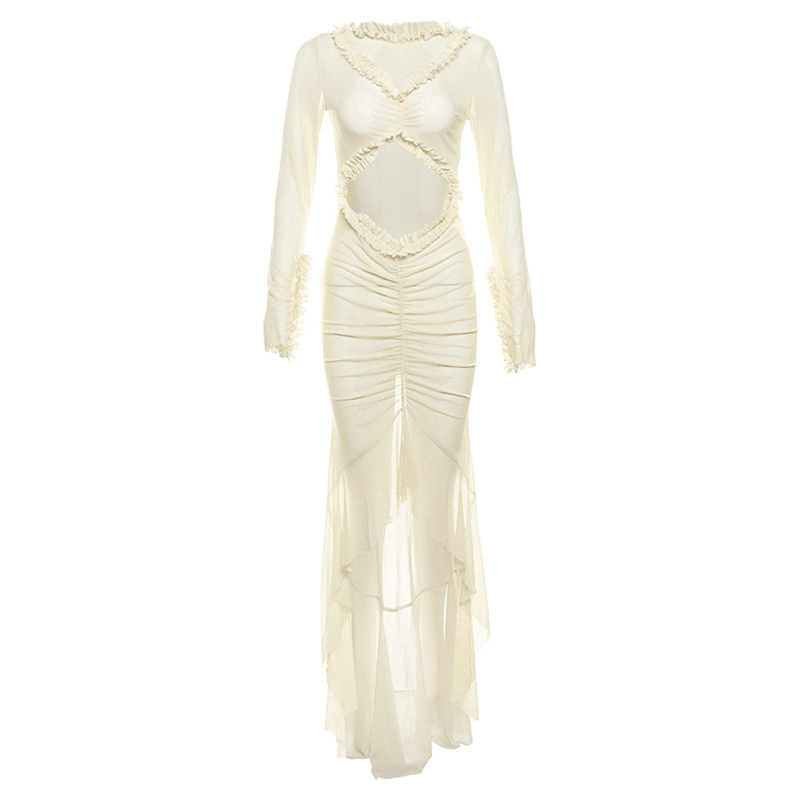 OLANE Lara Sheer Mesh Bodycon Maxi Dress BeigeMWomen’s Dresses