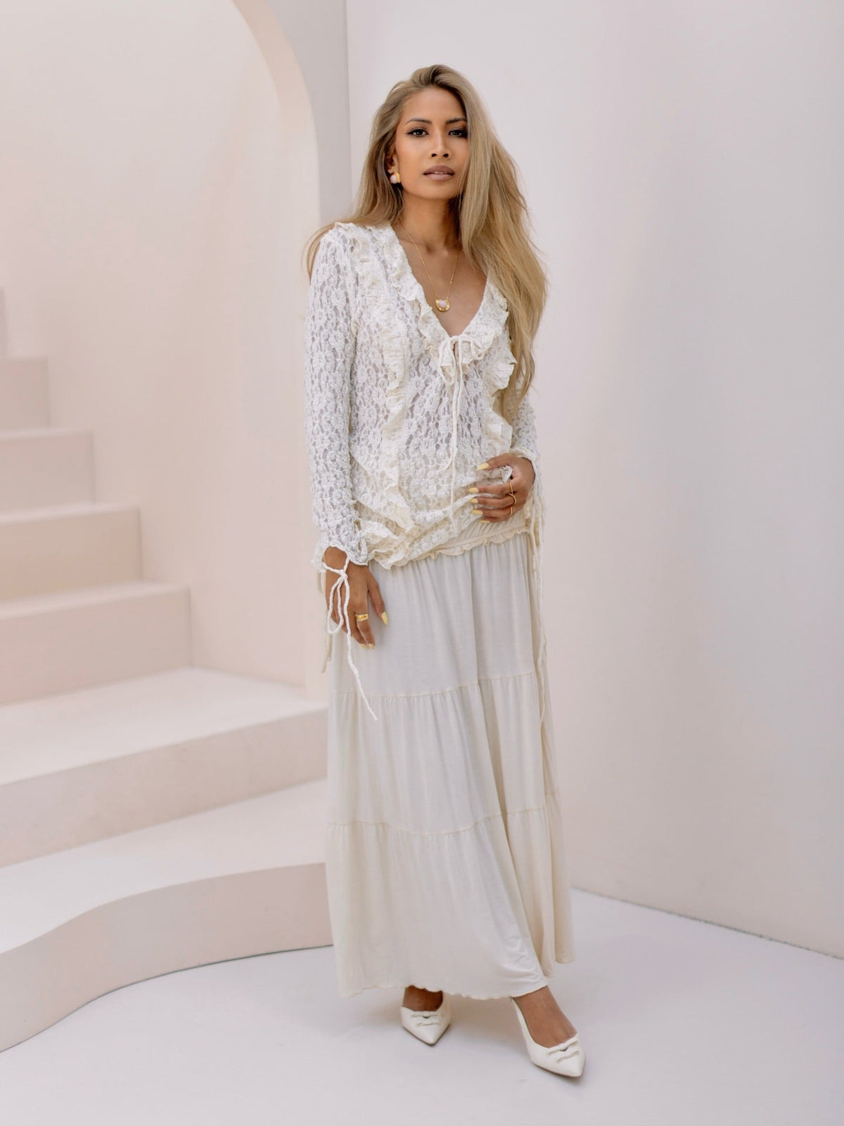 OLANE Layered Lace Collar V-Neck Top WhiteMWomen’s Tops