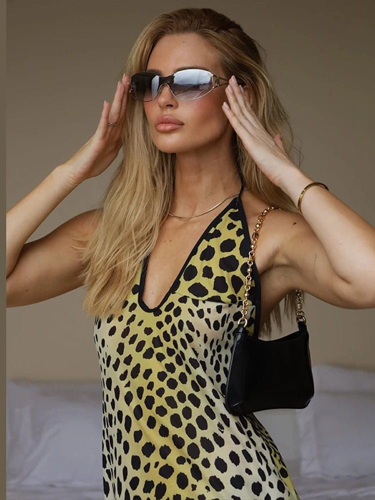 OLANE Layla Backless Leopard Print Halter Maxi Dress LWomen's Dresses