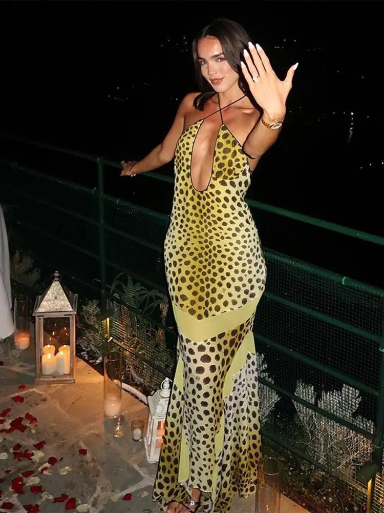 OLANE Layla Backless Leopard Print Halter Maxi Dress XSWomen's Dresses