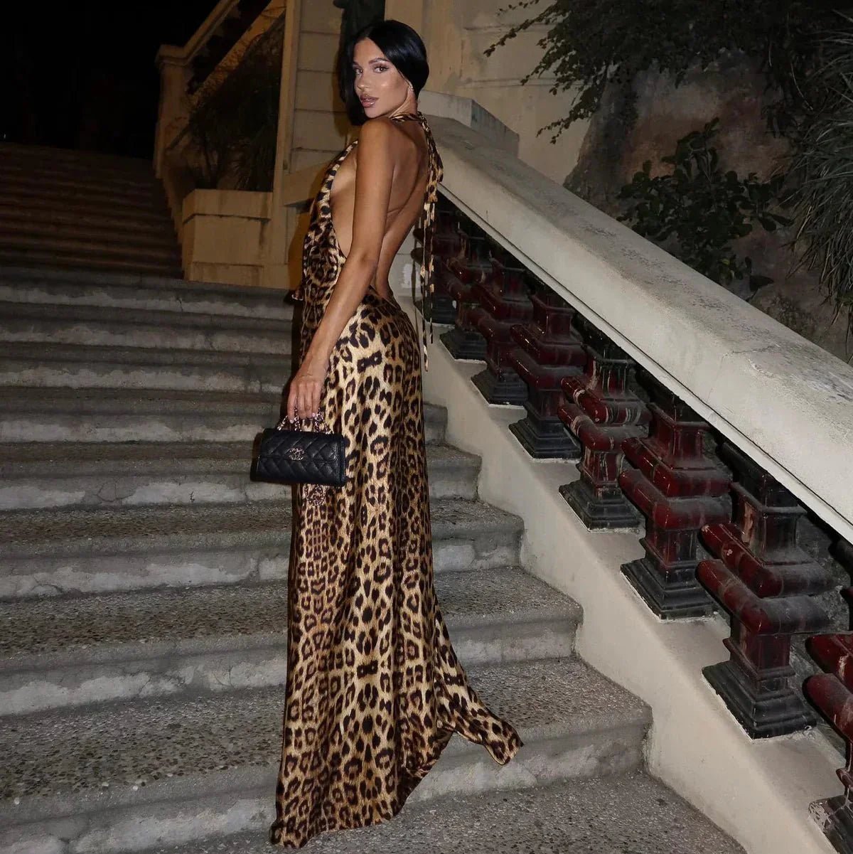 OLANE Leopard Print Halter Backless Maxi Dress LeopardSWomen’s Dresses