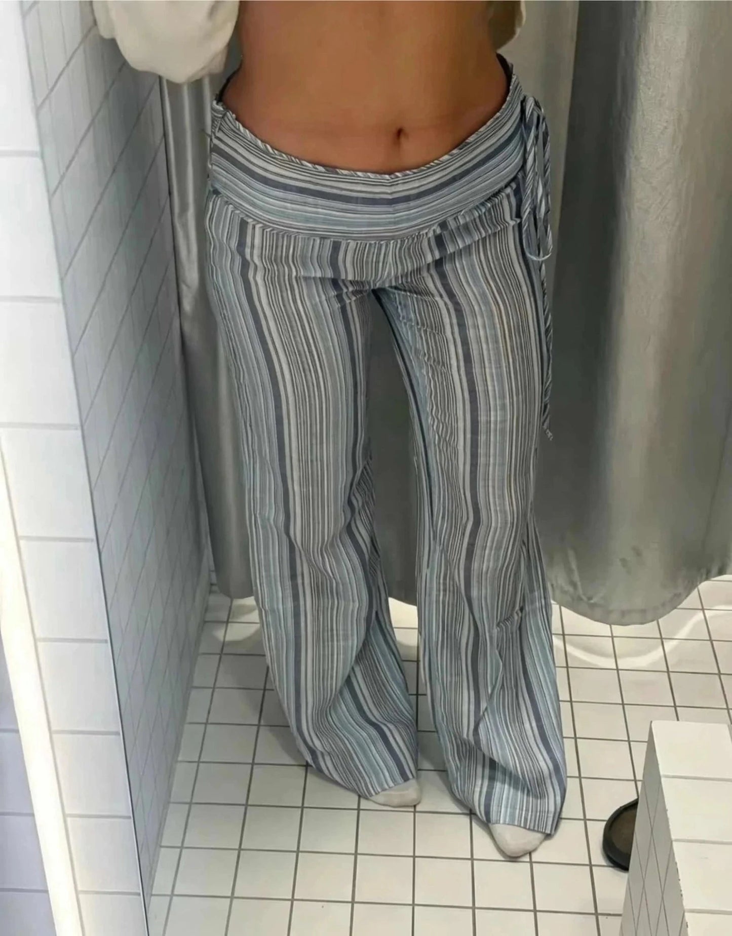 OLANE Lightweight Striped Low-Rise Trousers Blue GraySPants
