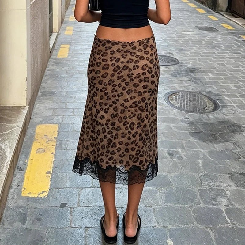 OLANE Lisa Leopard Lace Patchwork Midi Skirt LWomen's Skirts