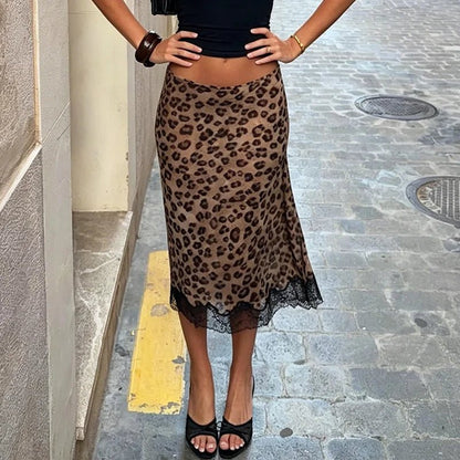 OLANE Lisa Leopard Lace Patchwork Midi Skirt SWomen's Skirts