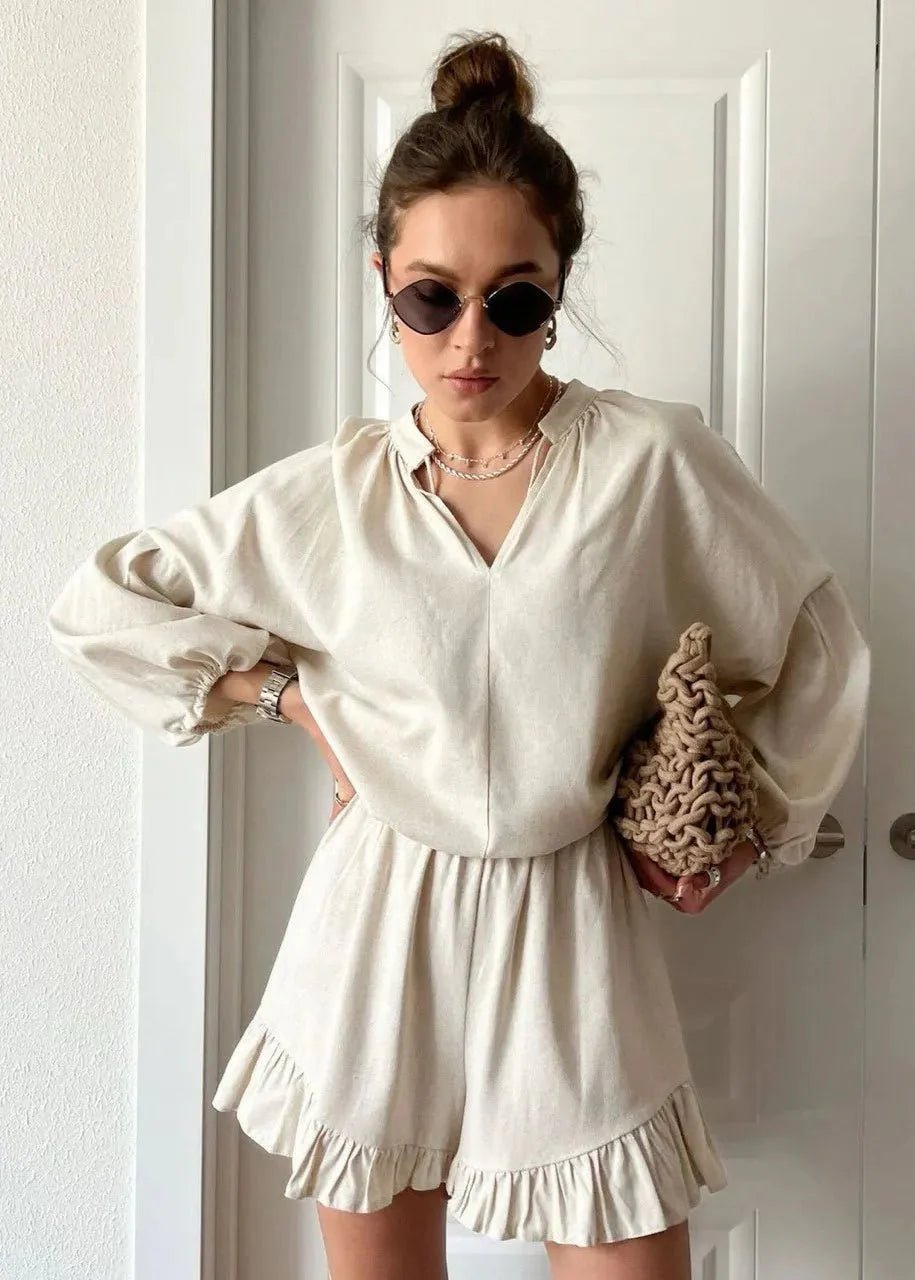 OLANE Long Sleeve Cotton Lounge Set Beige SetLWomen's Sets