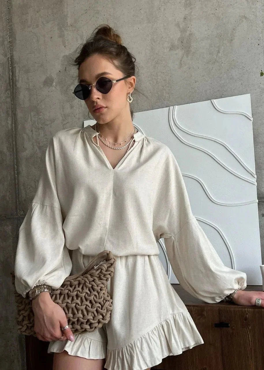 OLANE Long Sleeve Cotton Lounge Set Beige SetSWomen's Sets