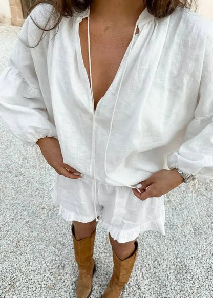 OLANE Long Sleeve Cotton Lounge Set White SetSWomen's Sets
