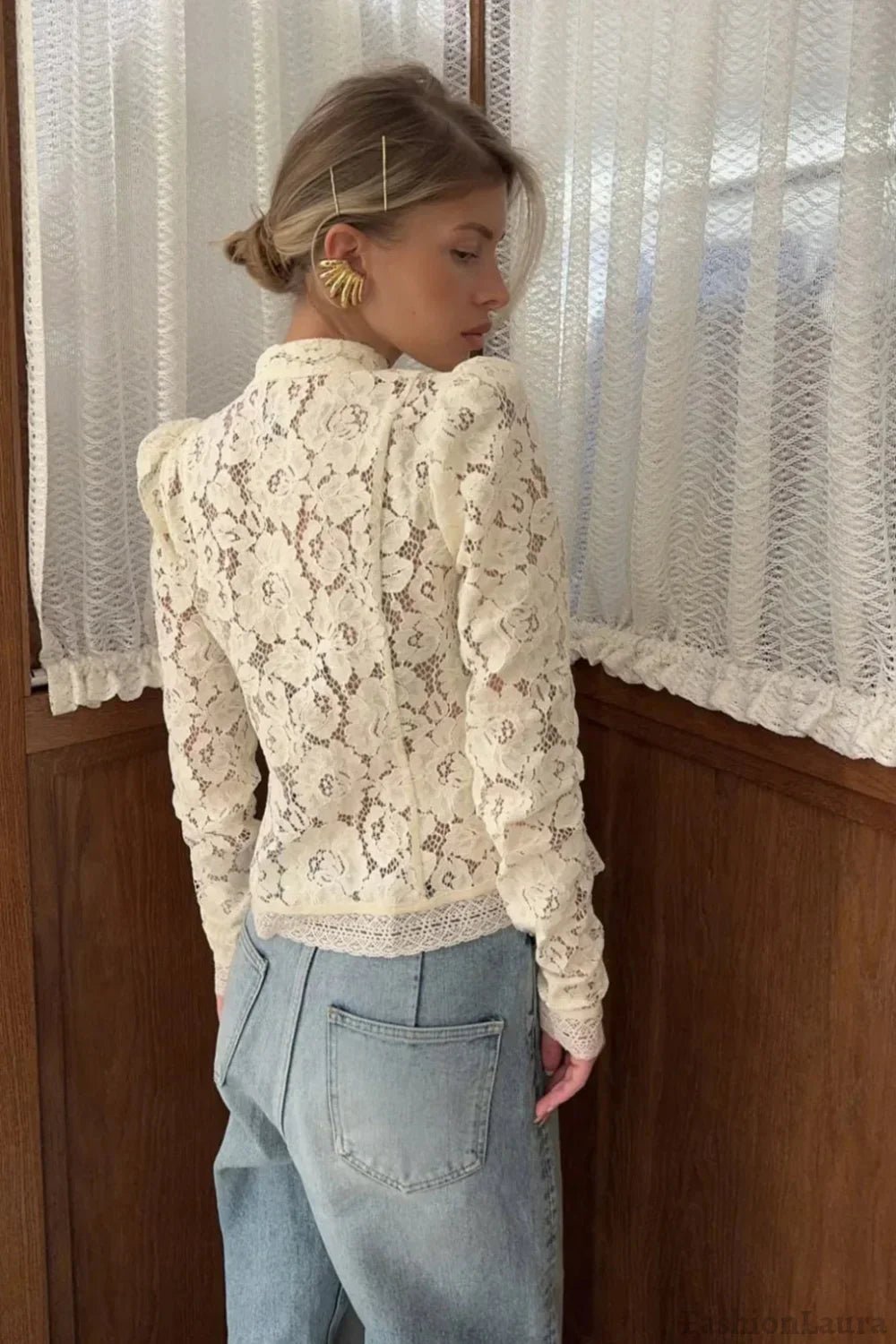 OLANE Long Sleeve Elegant Lace Blouse BeigeSWomen’s Tops
