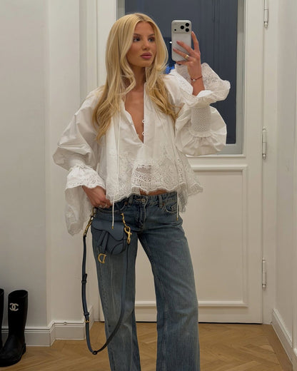 OLANE Long Sleeve Lace Trim Embroidered Blouse SWomen’s Tops