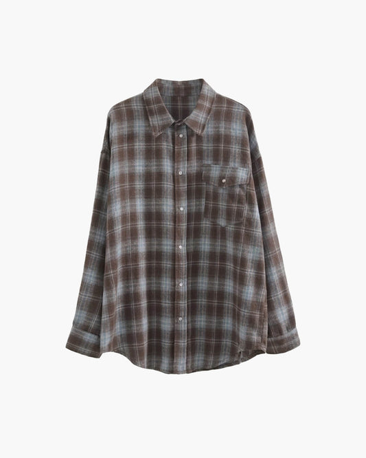 OLANE Long Sleeve Oversized Plaid Shirt Gray BlueOne SizeWomen’s Tops