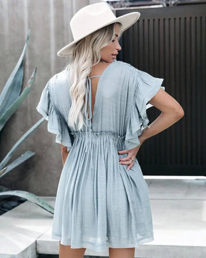 OLANE Loose Fit Babydoll Boho Mini Dress Light BlueOWomen's Dresses