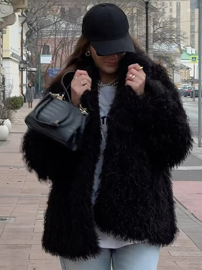 OLANE Mongolian Fuzzy Faux Fur Coat BlackXSWomen's Coats & Jackets
