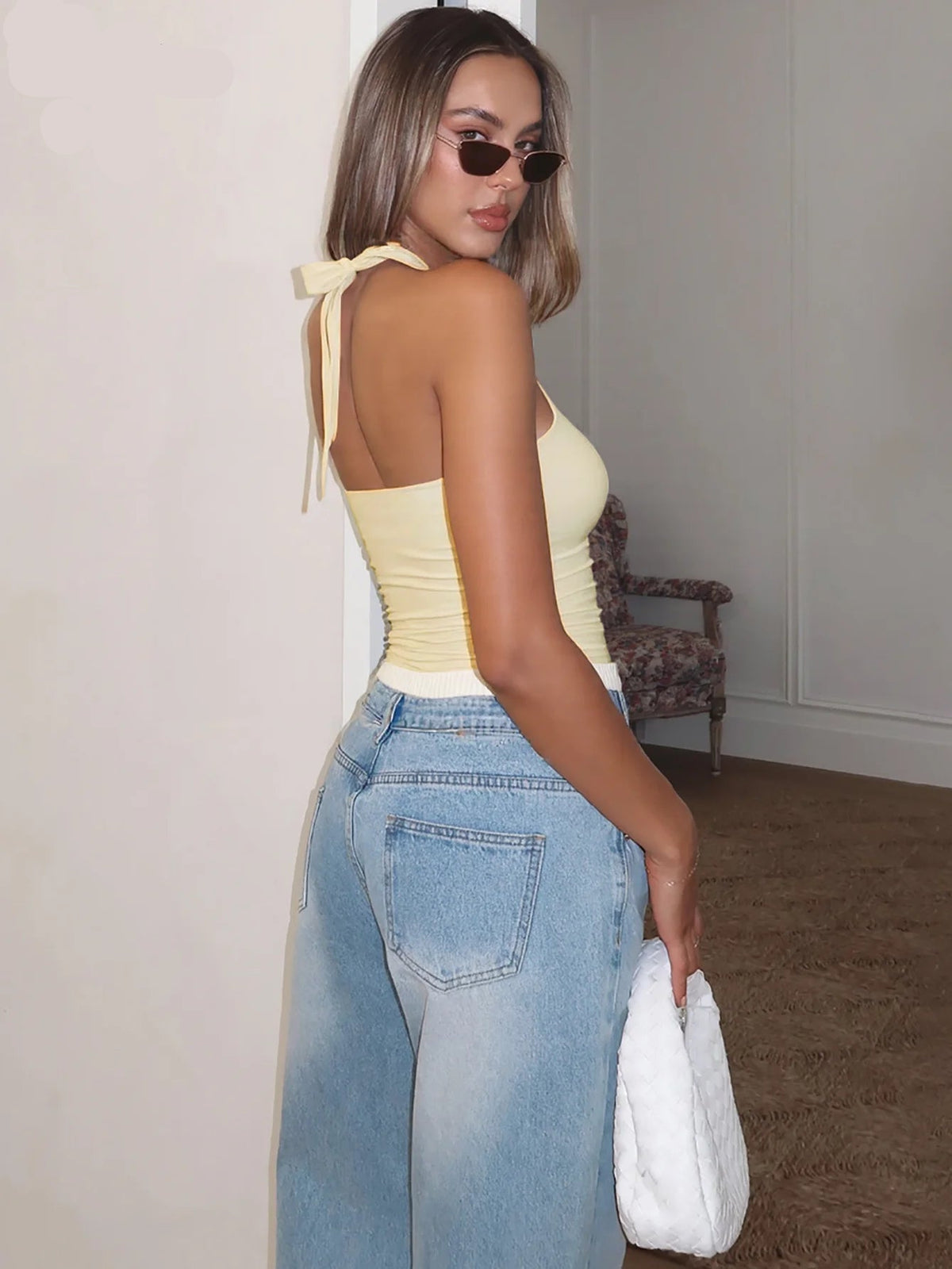 OLANE Nadia Halter Backless Bandage Crop Top BeigeSWomen’s Tops