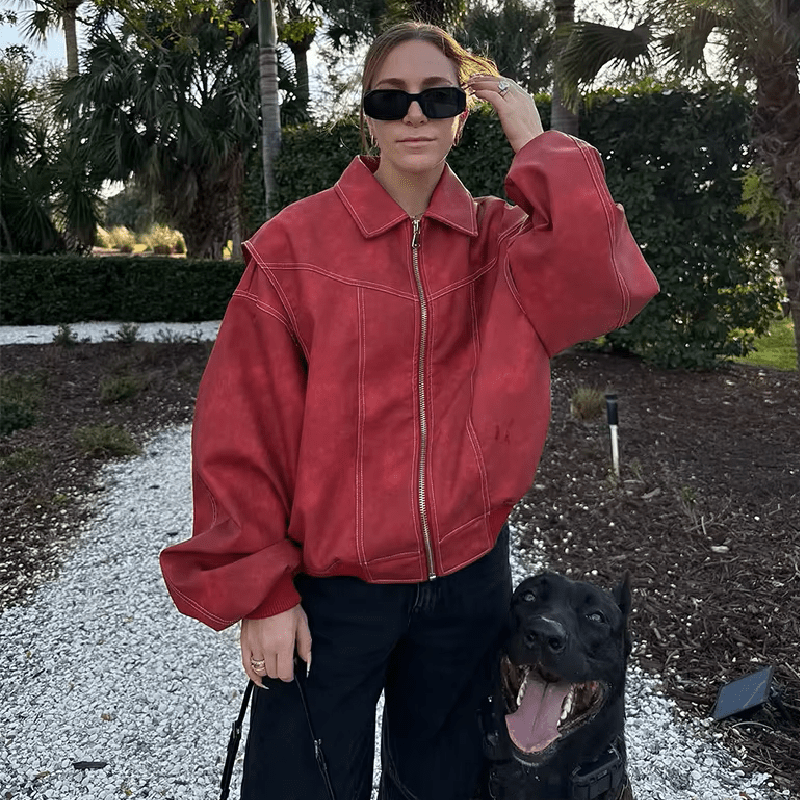 OLANE Oversized Contrast Faux Leather Jacket RedSWomen's Coats & Jackets
