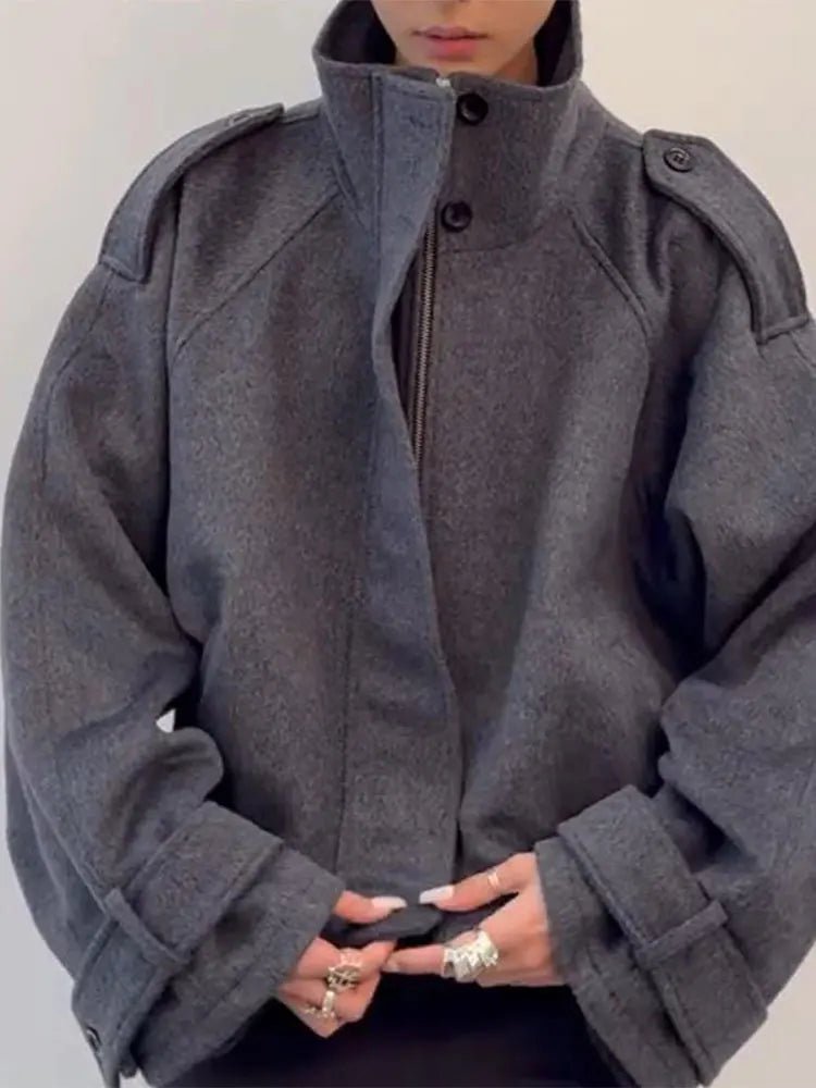 OLANE Oversized Stand Collar Jacket GreyXSWomen's Coats & Jackets