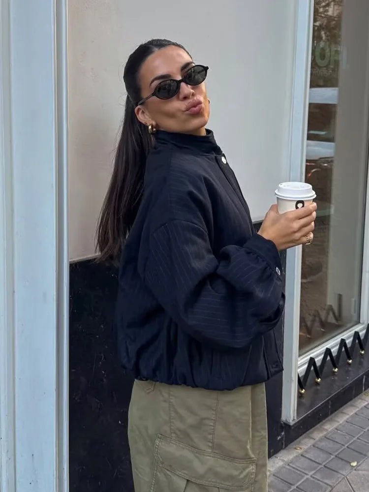 OLANE Pinstripe Bomber Jacket Dark Blue StripeSWomen's Jackets