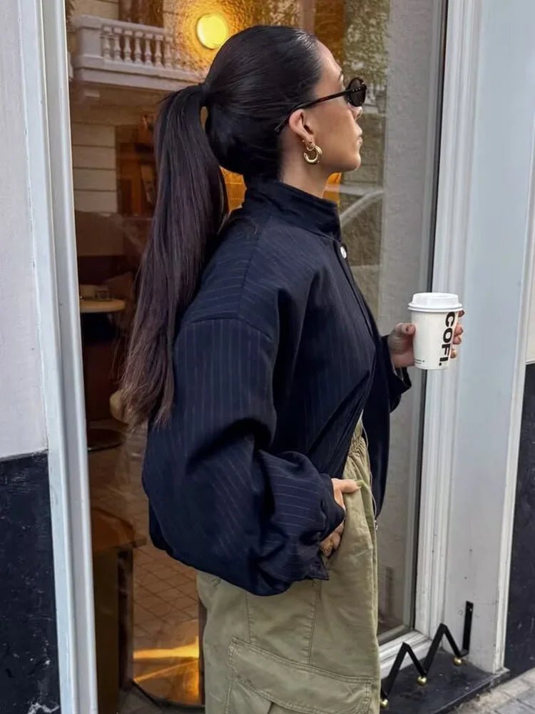 OLANE Pinstripe Bomber Jacket Dark Blue StripeSWomen's Jackets