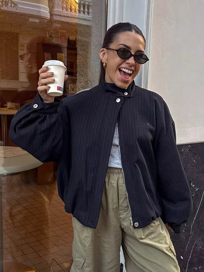 OLANE Pinstripe Bomber Jacket Dark Blue StripeXSWomen's Jackets