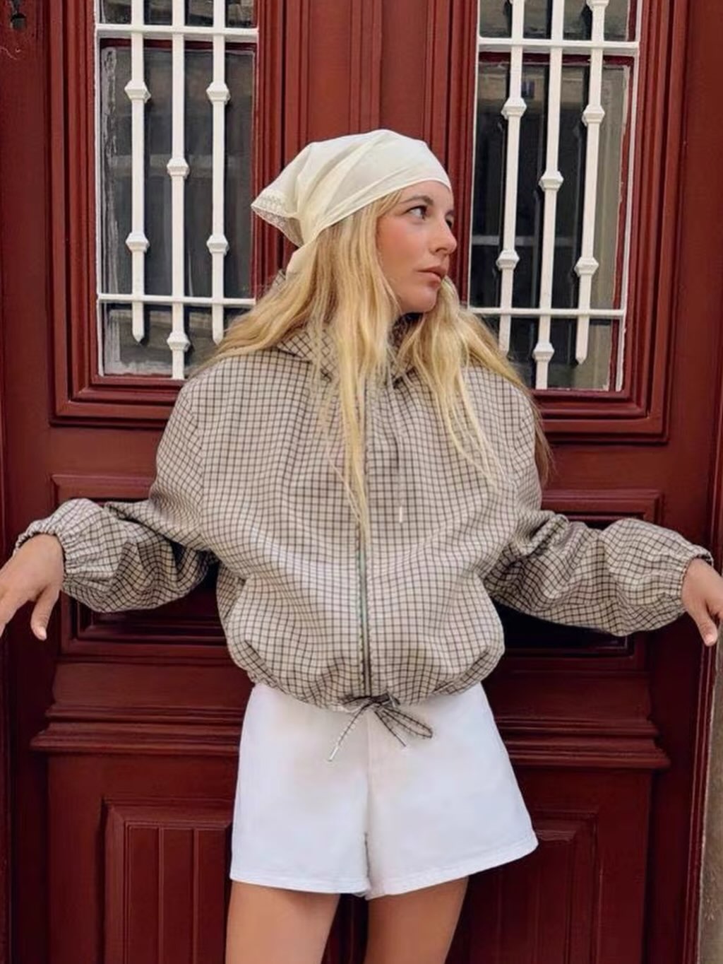 OLANE Plaid Hooded Cropped Jacket SWomen's Coats & Jackets