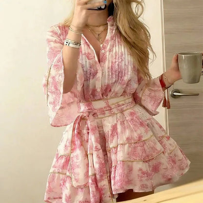 OLANE Pleated Button Front Mini Dress PinkMWomen’s Dresses