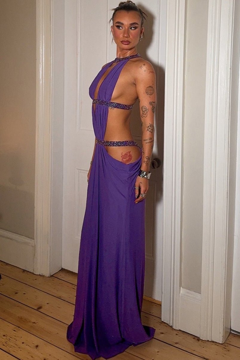 OLANE Rhinestone Ruched Cut Out Maxi Dress PurpleLWomen's Dresses
