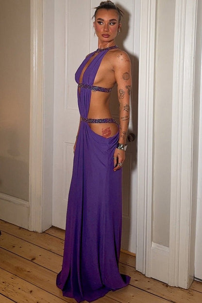 OLANE Rhinestone Ruched Cut Out Maxi Dress PurpleLWomen's Dresses