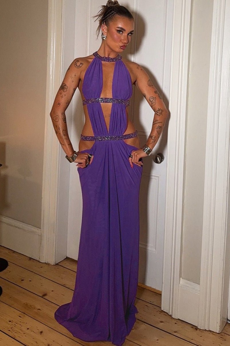 OLANE Rhinestone Ruched Cut Out Maxi Dress PurpleLWomen's Dresses