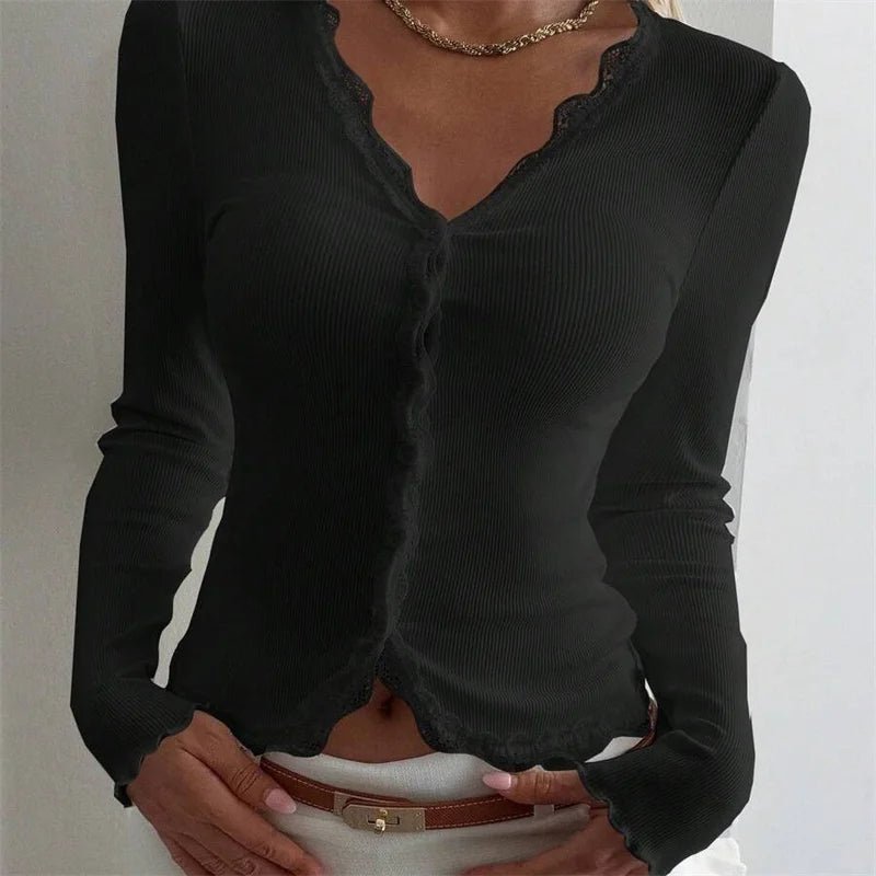 OLANE Ribbed Lace Trim V - Neck Blouse BlackSWomen’s Tops