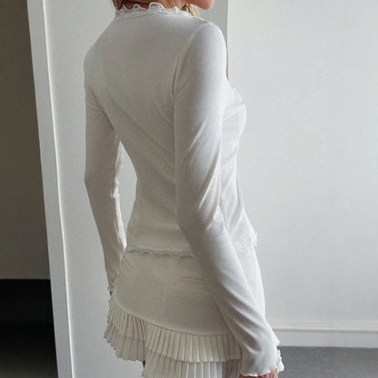 OLANE Ribbed Lace Trim V - Neck Blouse WhiteLWomen’s Tops