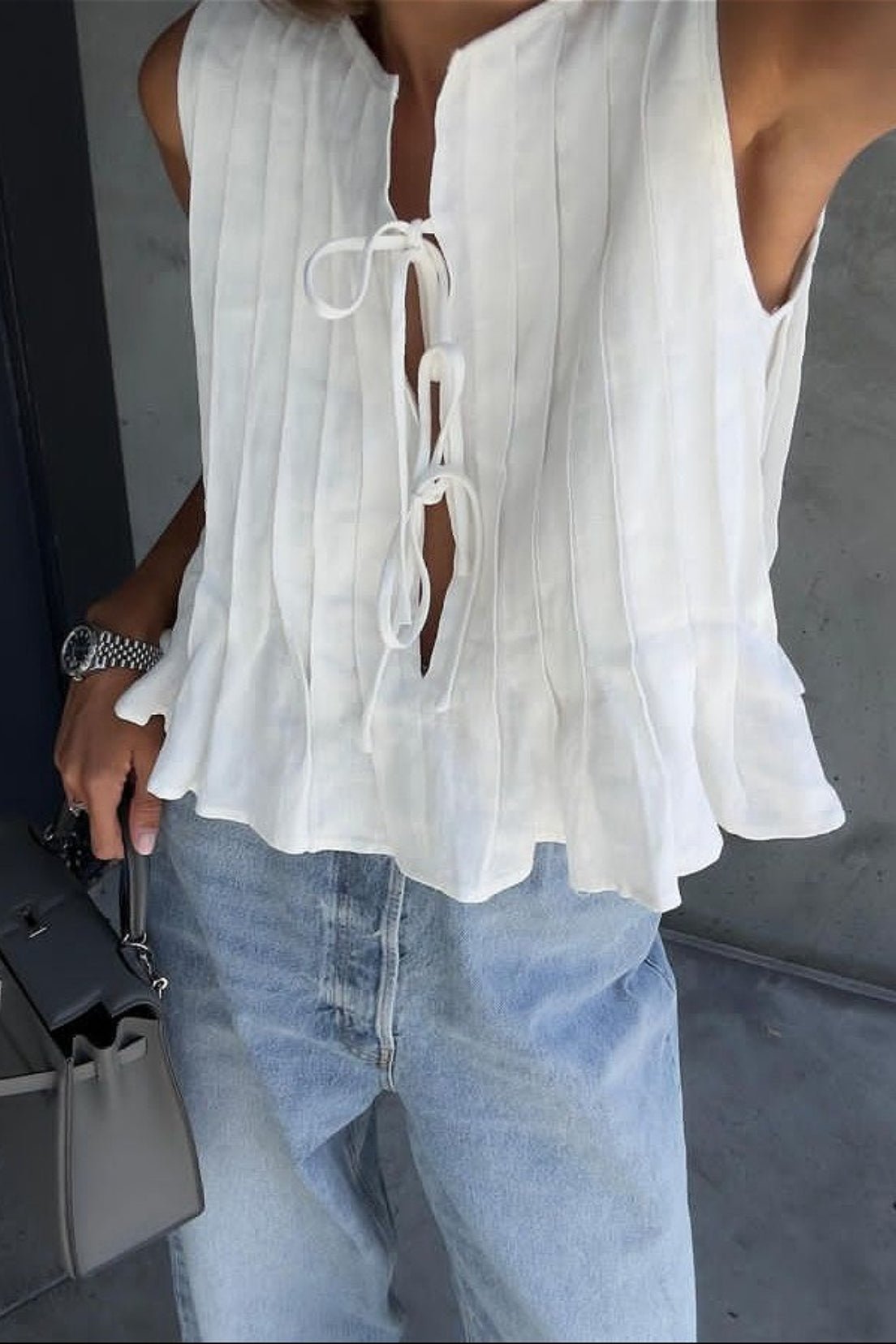 OLANE Ruffle Hem Tie - Front Blouse WhiteXSWomen’s Tops