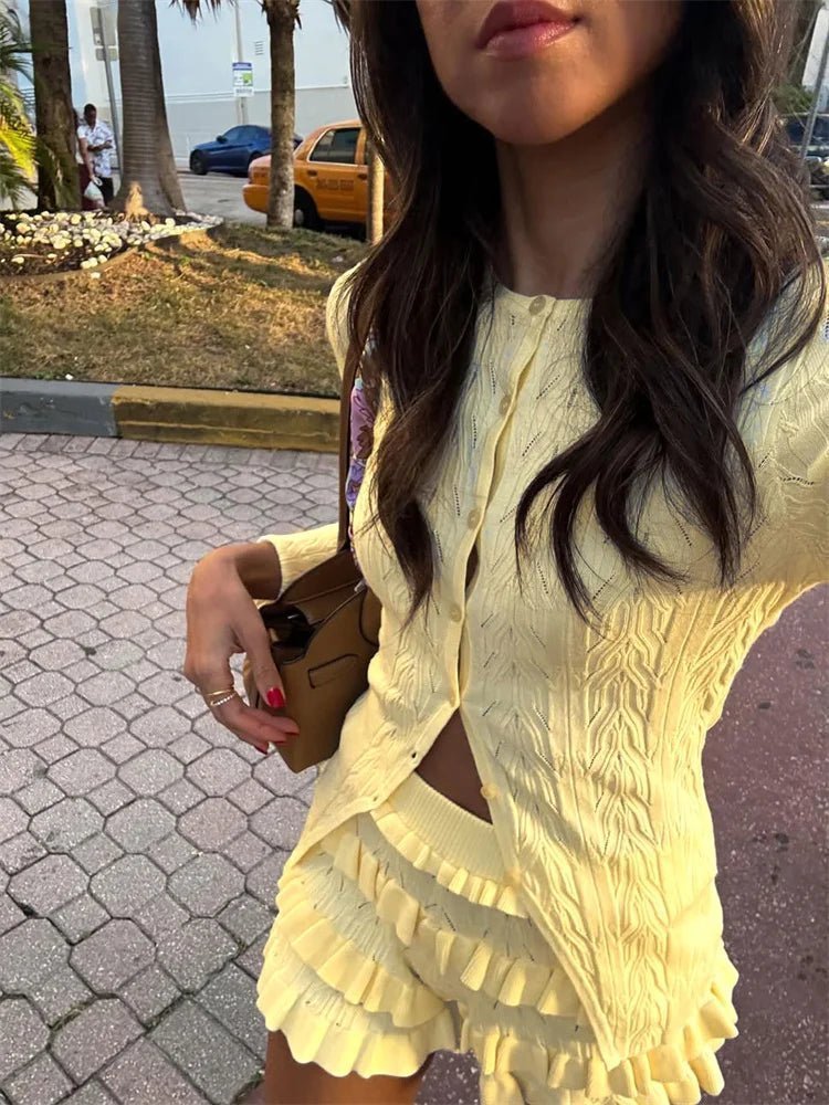 OLANE Ruffled Knit Co-ord Two-Piece Set YellowSWomen's Sets