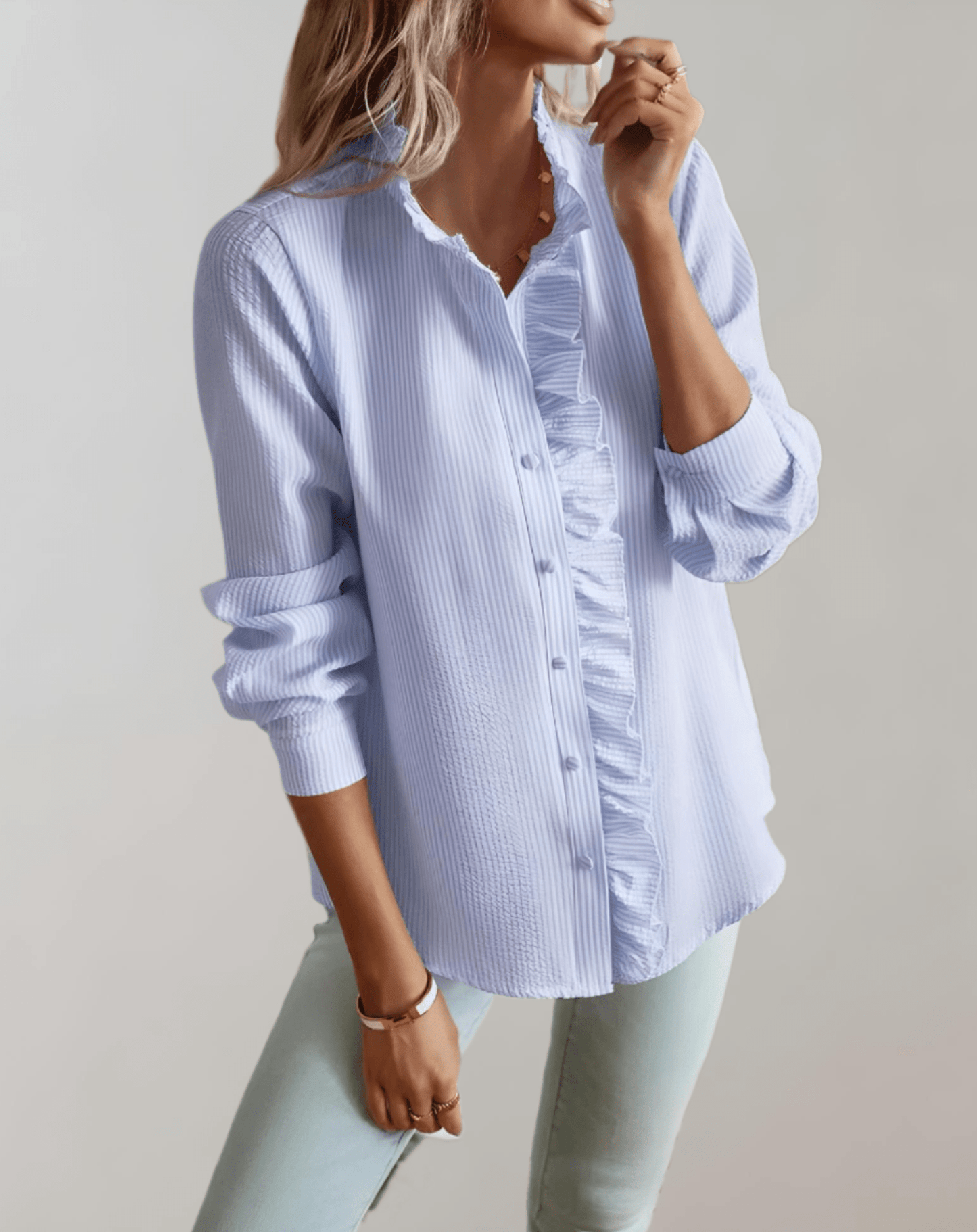 OLANE Ruffled Stand - Up Collar Loose - Fitting Blouse BlueMWomen's Tops