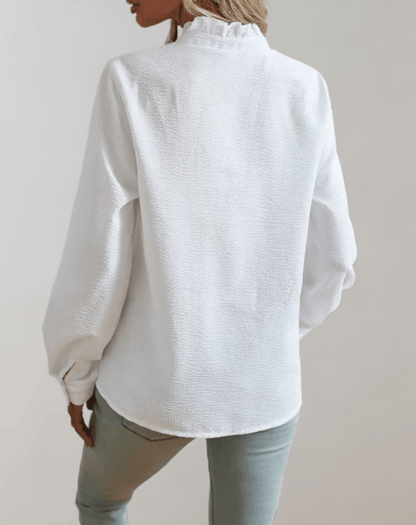 OLANE Ruffled Stand - Up Collar Loose - Fitting Blouse WhiteMWomen's Tops