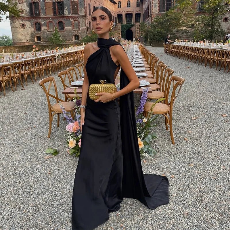 OLANE Satin Ribbon Backless Evening Gown BlackSWomen's Dresses