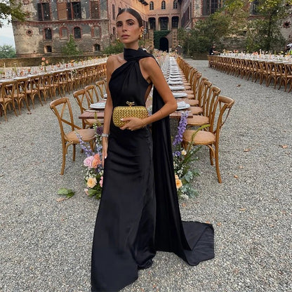 OLANE Satin Ribbon Backless Evening Gown BlackSWomen's Dresses
