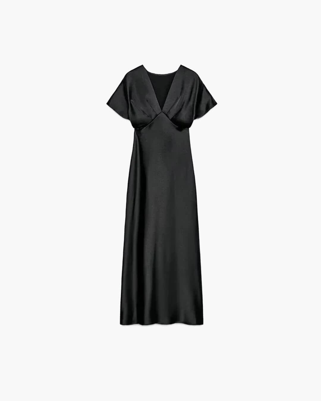 OLANE Short Sleeves V - Neck Satin Midi Dress BlackMWomen's Dresses