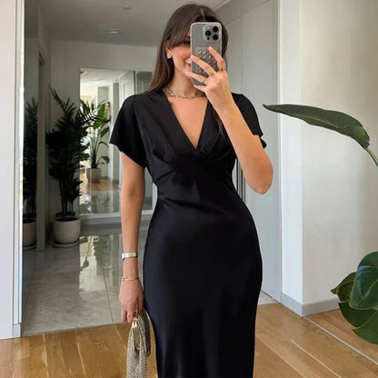 OLANE Short Sleeves V - Neck Satin Midi Dress BlackXSWomen's Dresses