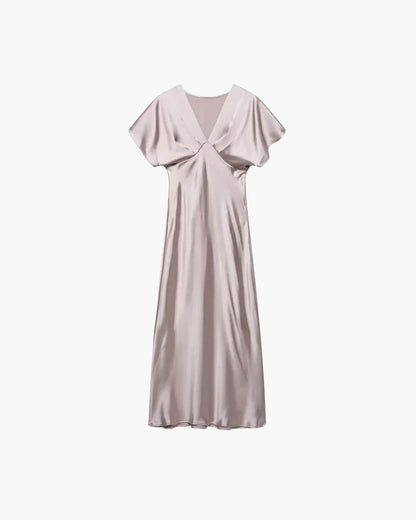OLANE Short Sleeves V - Neck Satin Midi Dress GreyXSWomen's Dresses