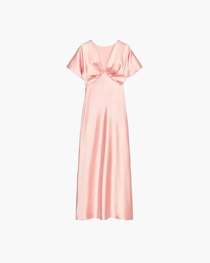 OLANE Short Sleeves V - Neck Satin Midi Dress PinkXSWomen's Dresses