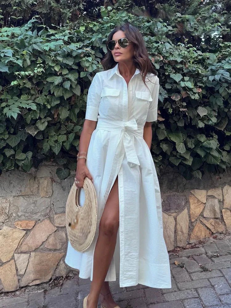 OLANE Single-Breasted Bow Tie-Waist Shirt Dress WhiteXSWomen's Dresses