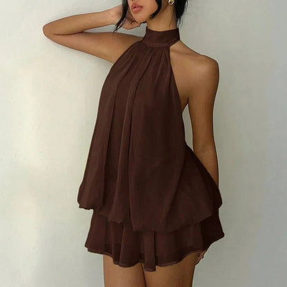 OLANE Sleeveless Halter Backless Mini Dress BrownSWomen's Dresses