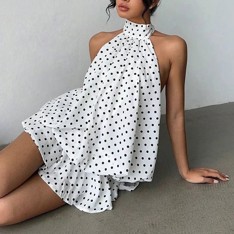 OLANE Sleeveless Halter Backless Mini Dress Polka DotMWomen's Dresses