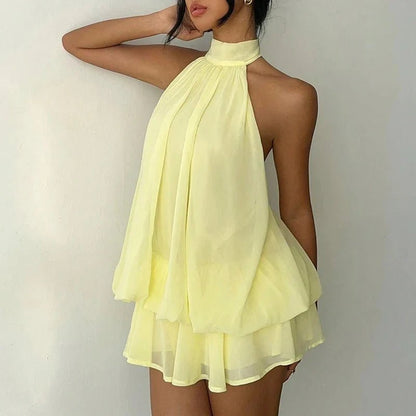 OLANE Sleeveless Halter Backless Mini Dress YellowSWomen's Dresses