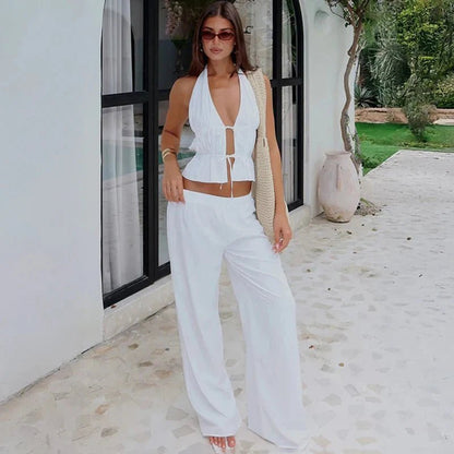 OLANE Sleeveless Halter Wide-leg Two-Piece Set WhiteSWomen's Sets