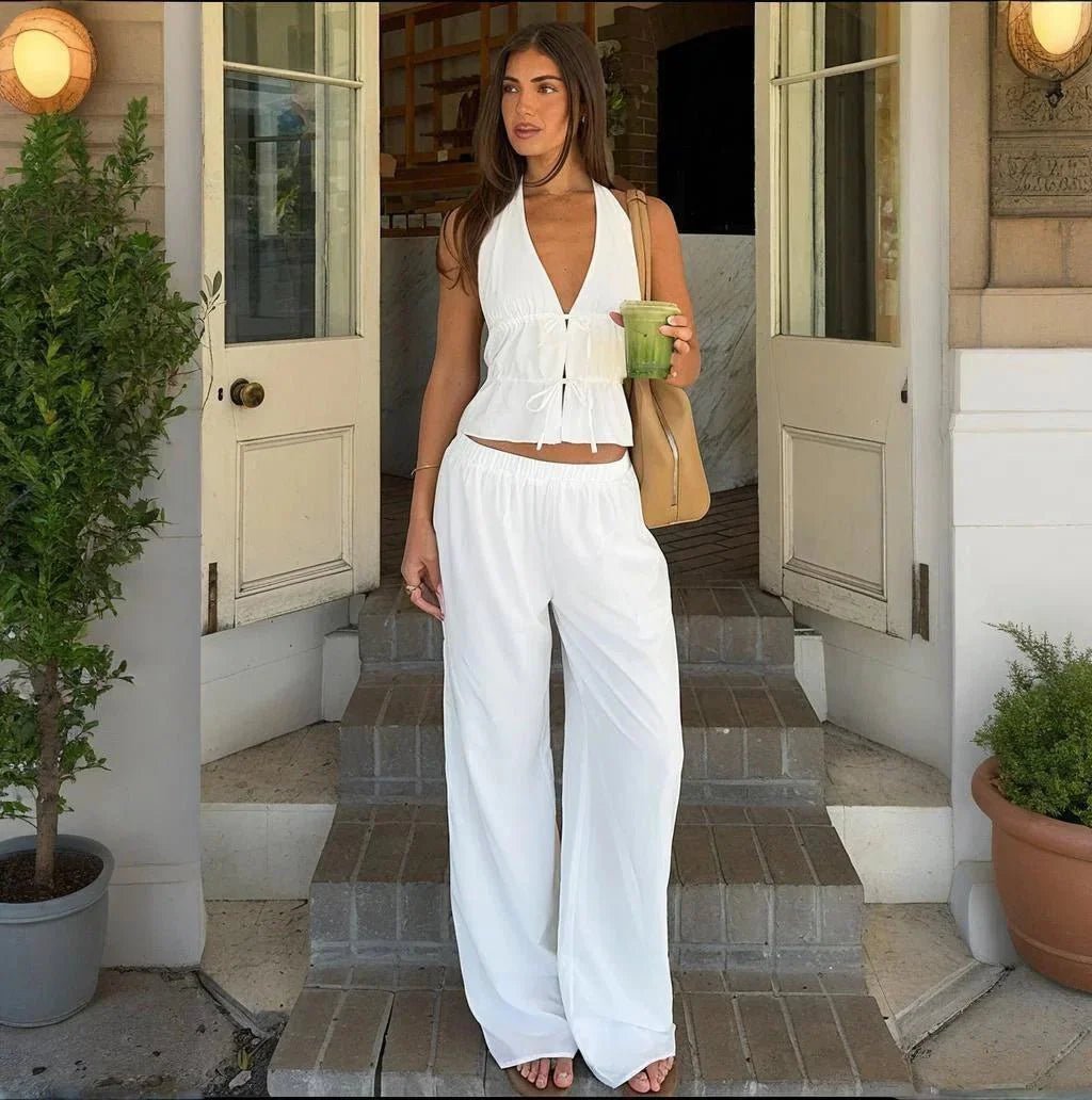 OLANE Sleeveless Halter Wide-leg Two-Piece Set WhiteSWomen's Sets