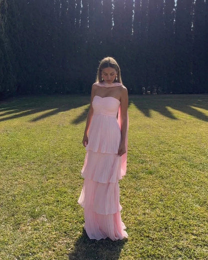 OLANE Strapless Pleated Tiered Maxi Dress SWomen's Dresses