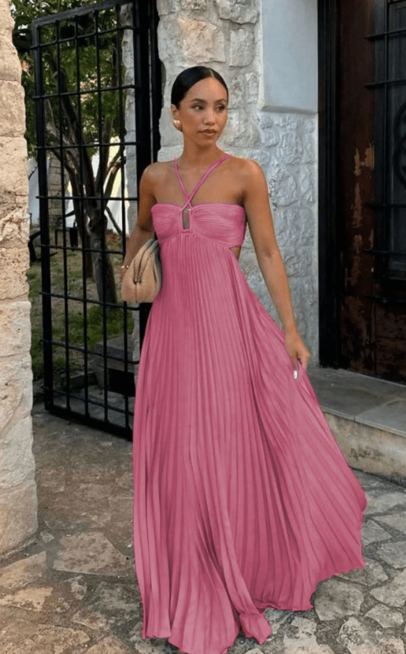 Plissiertes Neckholder-Maxikleid mit Trägern