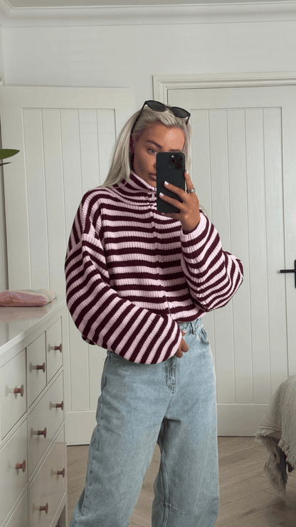 OLANE Striped High-Neck Knit Sweater PinkMWomen's Sweaters & Cardigans