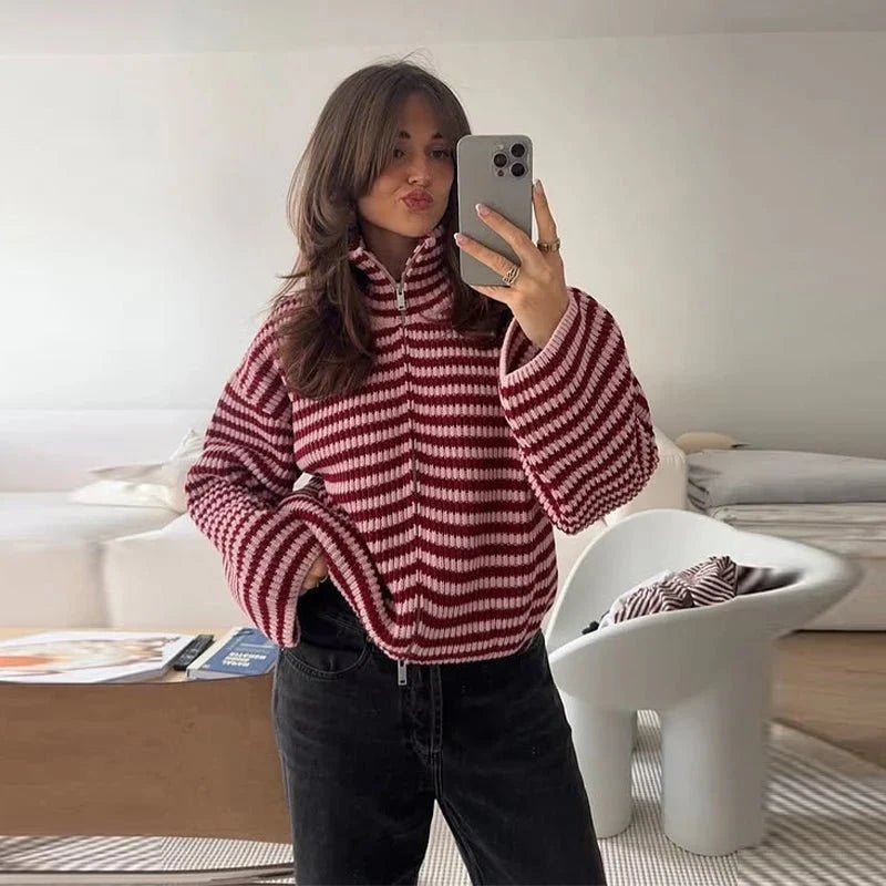 OLANE Striped Knit Zip Sweater RedMWomen's Sweaters & Cardigans